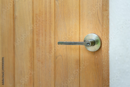 Wallpaper Mural Close-up at luxury designed chrome steel doorknob handle lever of the house's wooden door. Building object with selective focus. Torontodigital.ca