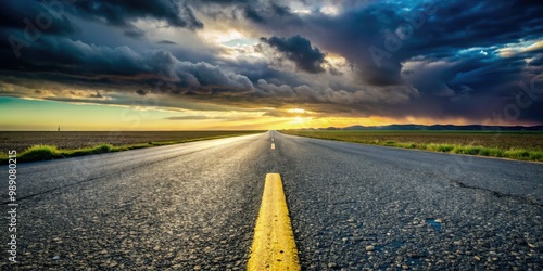 A blurred boundary line on a worn asphalt road stretches towards the horizon, symbolizing division, separation, and transition in a desolate, melancholic landscape.
