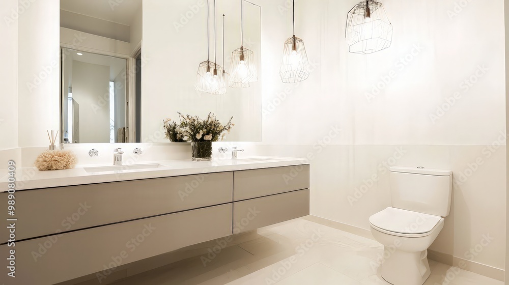 Fototapeta premium Modern Bathroom with Double Sink and Hanging Lights