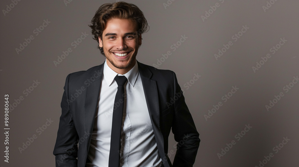 Image of happy brunette man wearing formal clothes smiling at camera with hands in pockets, Image of happy brunette man wearing formal clothes smiling at camera with hands in pockets,