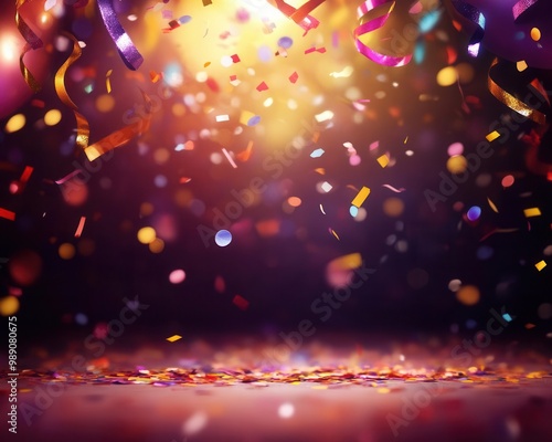 The party backdrop with bright lights, colorful confetti, balloons, and flowing serpentine, vibrant and lively atmosphere, ideal for celebrationthemed banners or postcards photo