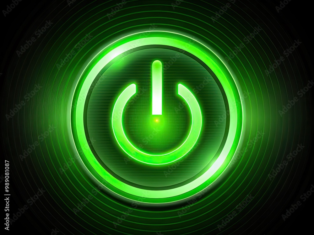 A bright green circular symbol with a vertical line through it, commonly used to indicate power or electricity, shines against a dark background with subtle gradient. A bright green circular symbol with a vertical line through it, commonly used to indicate power or electricity, shines against a dark background with subtle gradient.