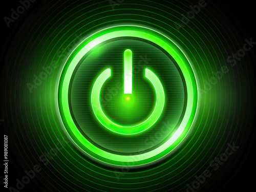 A bright green circular symbol with a vertical line through it, commonly used to indicate power or electricity, shines against a dark background with subtle gradient.