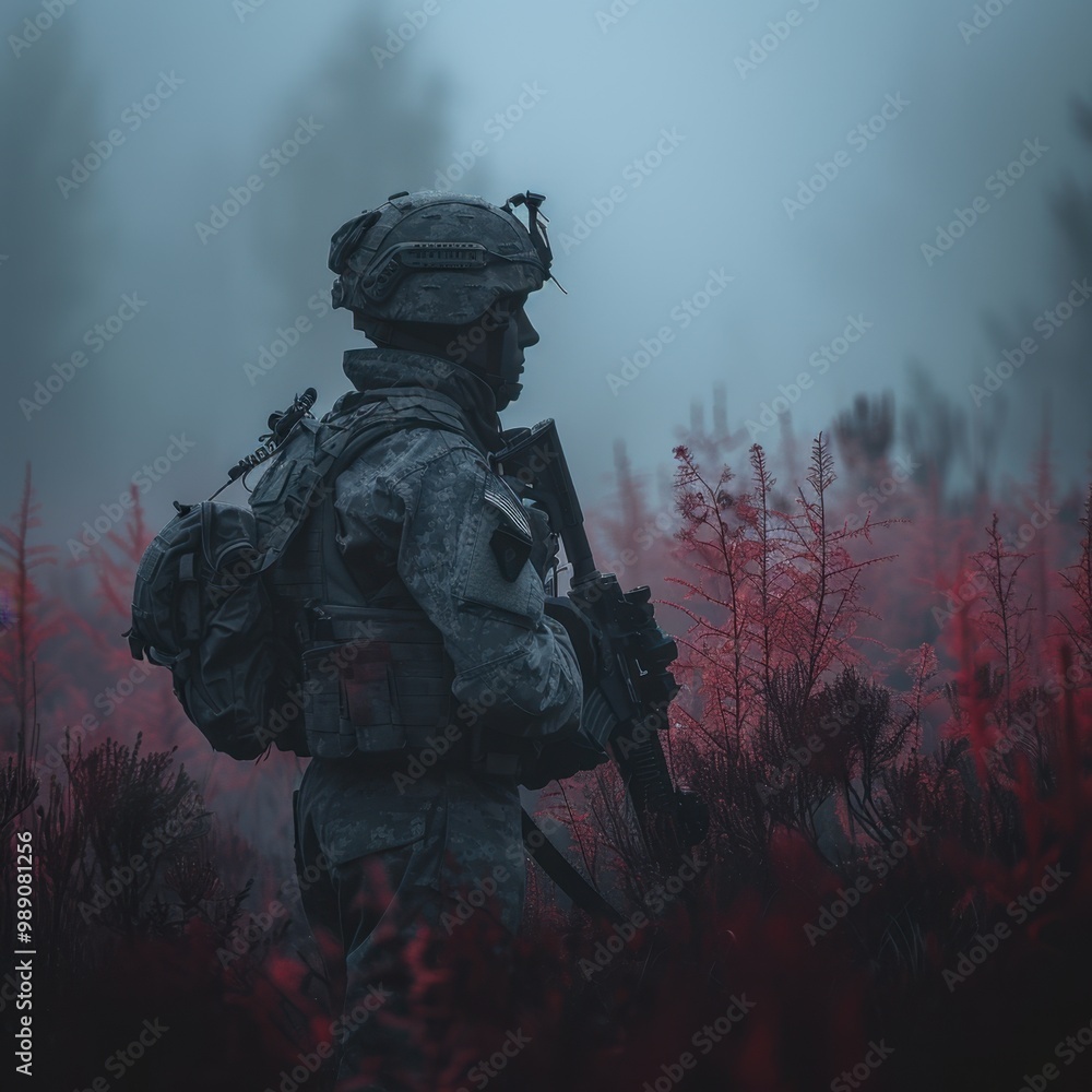 A somber image depicting a silhouette of a soldier with a shadowy, A somber image depicting a silhouette of a soldier with a shadowy,