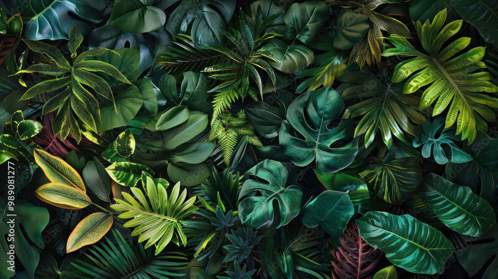 Lush green foliage creates vibrant and serene atmosphere, showcasing variety of tropical leaves in different shapes and sizes. This image captures essence of natures beauty and tranquility Lush green foliage creates vibrant and serene atmosphere, showcasing variety of tropical leaves in different shapes and sizes. This image captures essence of natures beauty and tranquility