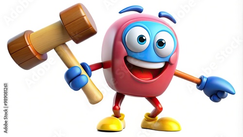 A brightly colored, exaggerated cartoon hammer with a smiling face and oversized arms, hovering above a white background, ready to strike with comedic enthusiasm. photo