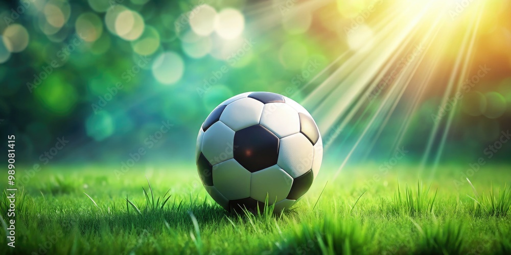 Fototapeta premium A brightly lit, isolated, white soccer ball rests on a vibrant green grassy field, with a slight blur effect to convey a sense of dynamic motion.