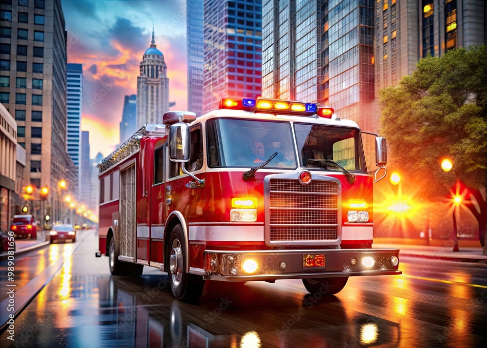 Obraz premium A bright red fire truck with flashing lights and sirens blaring rushes to the scene, its reflective surface gleaming against a blurred urban cityscape background.