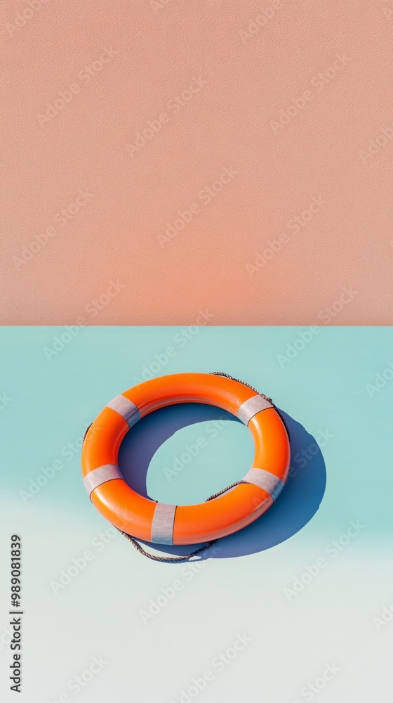 Orange lifebuoy on light turquoise background with shadow, minimalist concept of safety Orange lifebuoy on light turquoise background with shadow, minimalist concept of safety