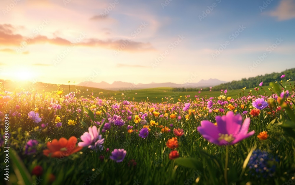 Obraz premium Vibrant spring flower meadow with colorful blossoms stretching to the horizon