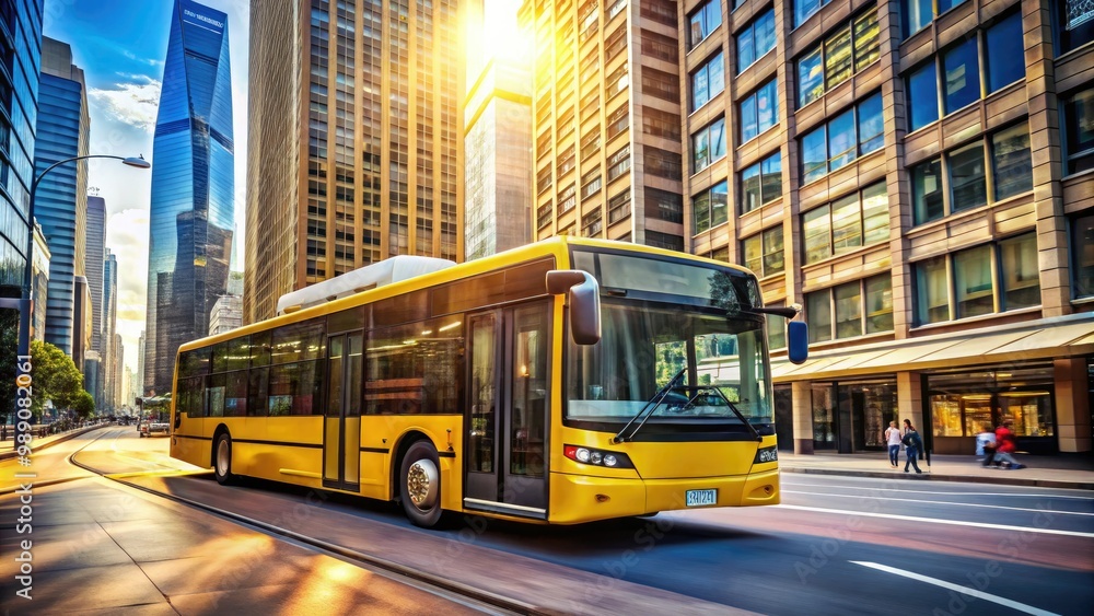 Fototapeta premium A bright yellow city bus with open doors stands at a bustling urban street corner, surrounded by towering buildings and blurred motion of passing traffic.