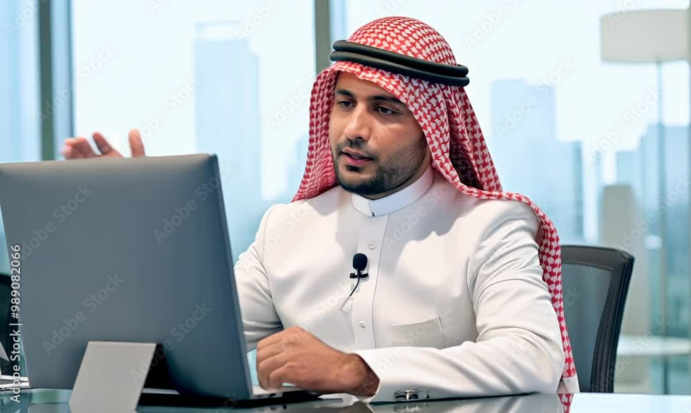 Saudi Arabian Man Discussing Company Development Strategy in Modern Office Saudi Arabian Man Discussing Company Development Strategy in Modern Office