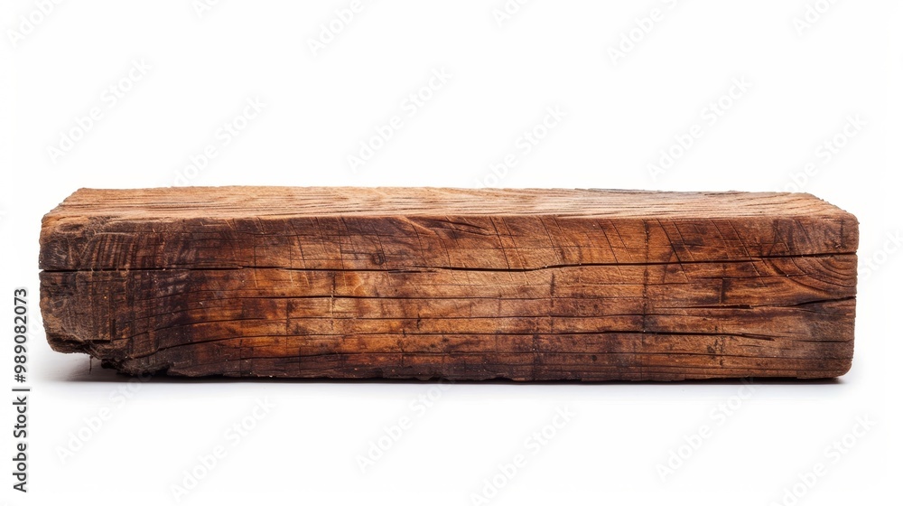 Fototapeta premium A wooden log with visible growth rings and natural wood color variations. The log is positioned horizontally against a white background.