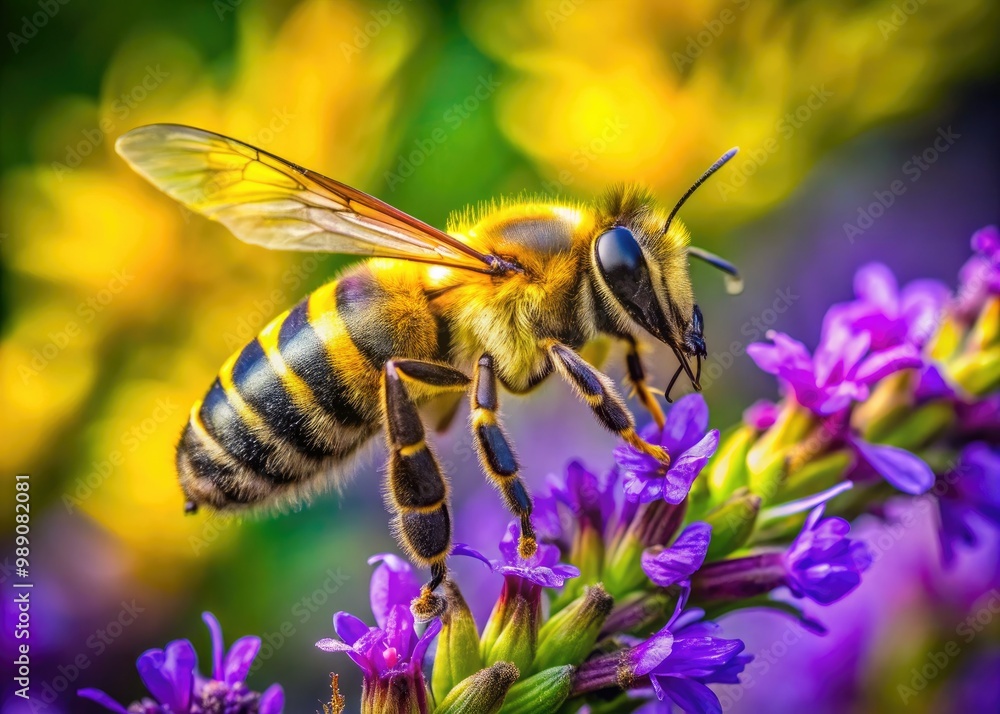 A bright yellow honey bee with black stripes and delicate wings collects nectar from a vibrant purple flower amidst a green leafy background.