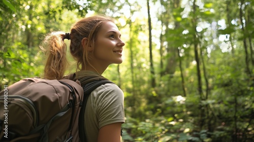 Frau wandert durch üppigen grünen Wald: Das Frühlingsabenteuer in der Natur genießen