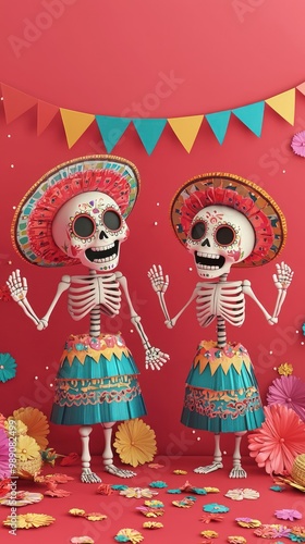 Colorful skeletons celebrate in festive attire against a vibrant backdrop, embodying a joyful, cultural theme.