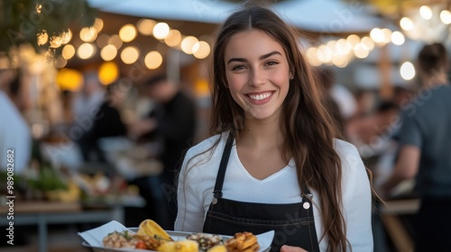 Fototapeta Naklejka Na Ścianę i Meble -  Fröhliches deutsches Frühlingsessen mit junger Frau, die traditionelle Küche serviert