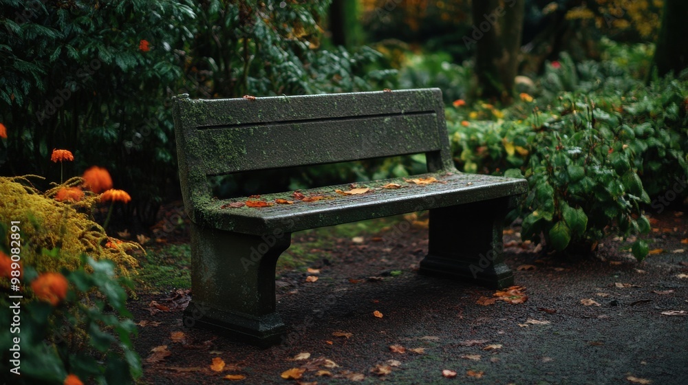 Moss-covered park bench with autumn leaves in a tranquil garden setting Moss-covered park bench with autumn leaves in a tranquil garden setting