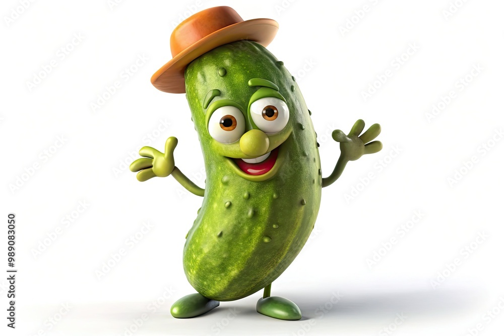 Fototapeta premium A cheerful, anthropomorphic pickle with a smiling face and green stem hat winks at the camera, surrounded by white space and playful shadows.