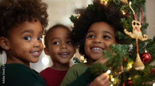 Fröhliche Kinder schmücken einen Weihnachtsbaum - festliches Weihnachtskartendesign photo