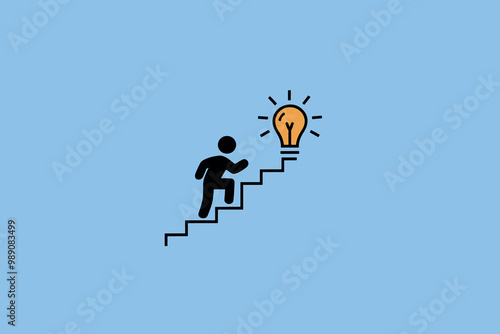 Silhouette of a person climbing a ladder with a light bulb on top, concept of success, idea and business.