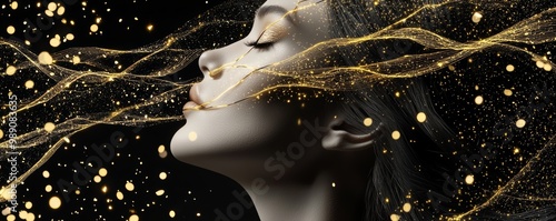 Virgo Zodiac Queen, A Virgo woman with radiant golden lines surrounding her, symbolizing her connection to the cosmos and her meticulous, thoughtful nature.