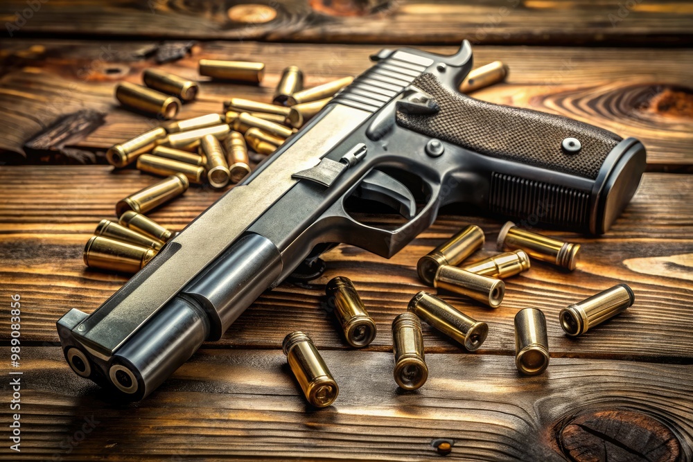 A close-up of a black semi-automatic handgun with a silver barrel, resting on a worn wooden table, surrounded by scattered ammunition and tactical gear. A close-up of a black semi-automatic handgun with a silver barrel, resting on a worn wooden table, surrounded by scattered ammunition and tactical gear.