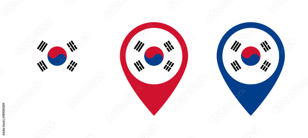 South Korea flag location icon set South Korea flag location icon set