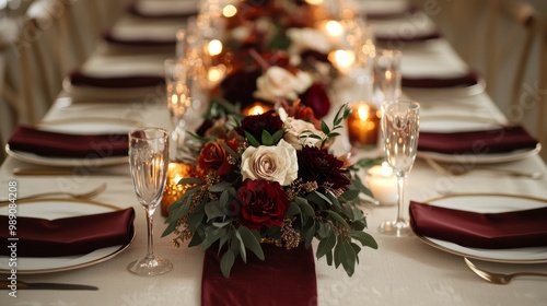 A romantic fall wedding with rich burgundy, burnt orange, and gold tones, with deep floral centerpieces, velvet tablecloths, and glowing candlelight.