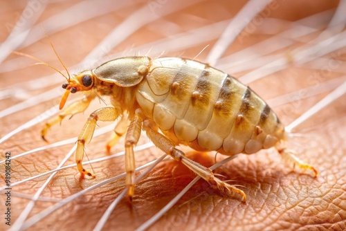 A close-up of a parasitic sand flea, also known as nigua or jigger, embedded in human skin, causing discomfort and painful inflammation. photo