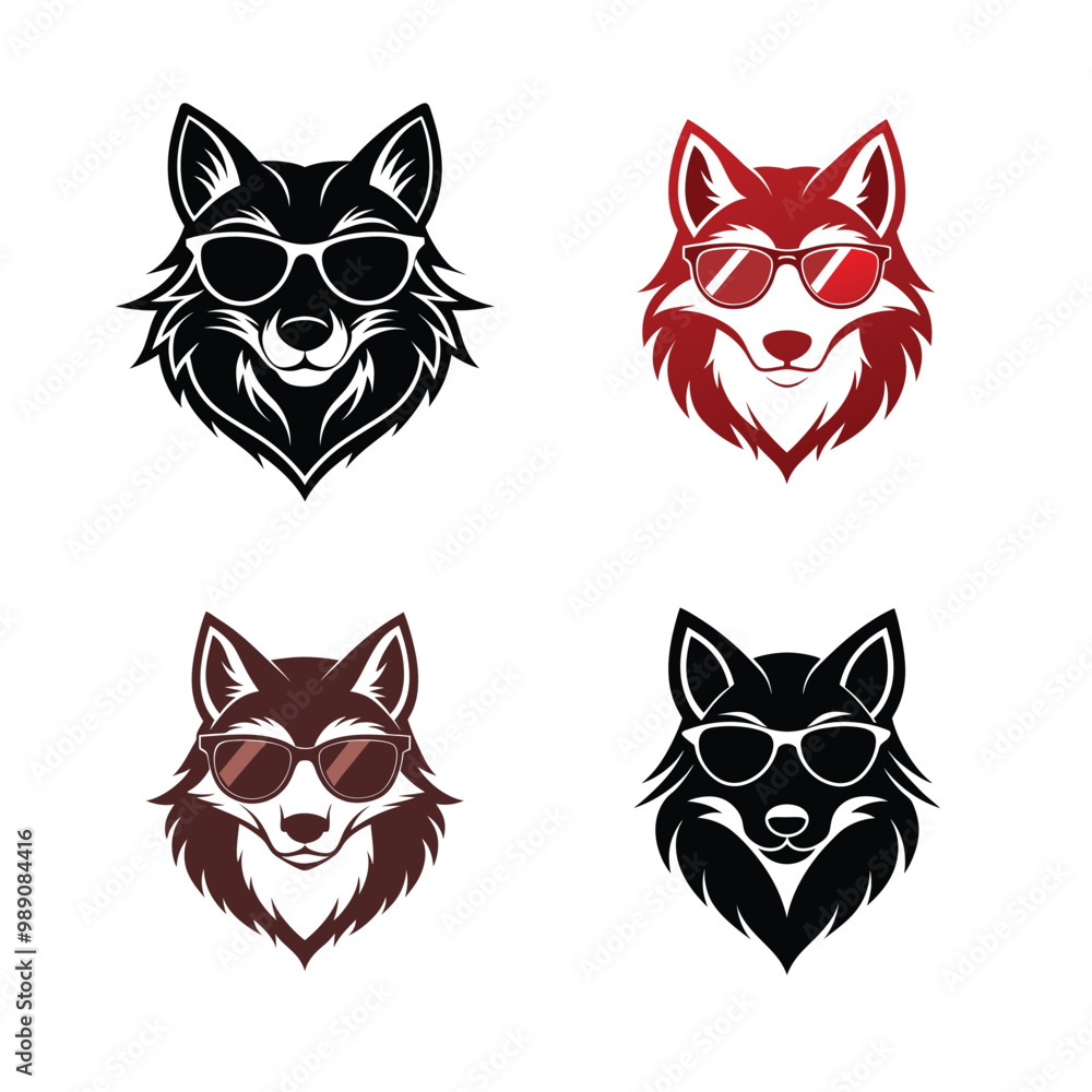 Obraz premium 4 difference stylized logo wolf with sunglasses, edgy silhuette vecto