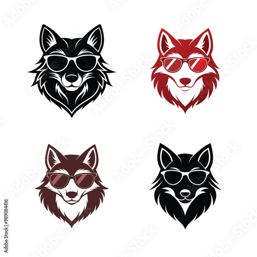 4 difference stylized logo wolf with sunglasses, edgy silhuette vecto