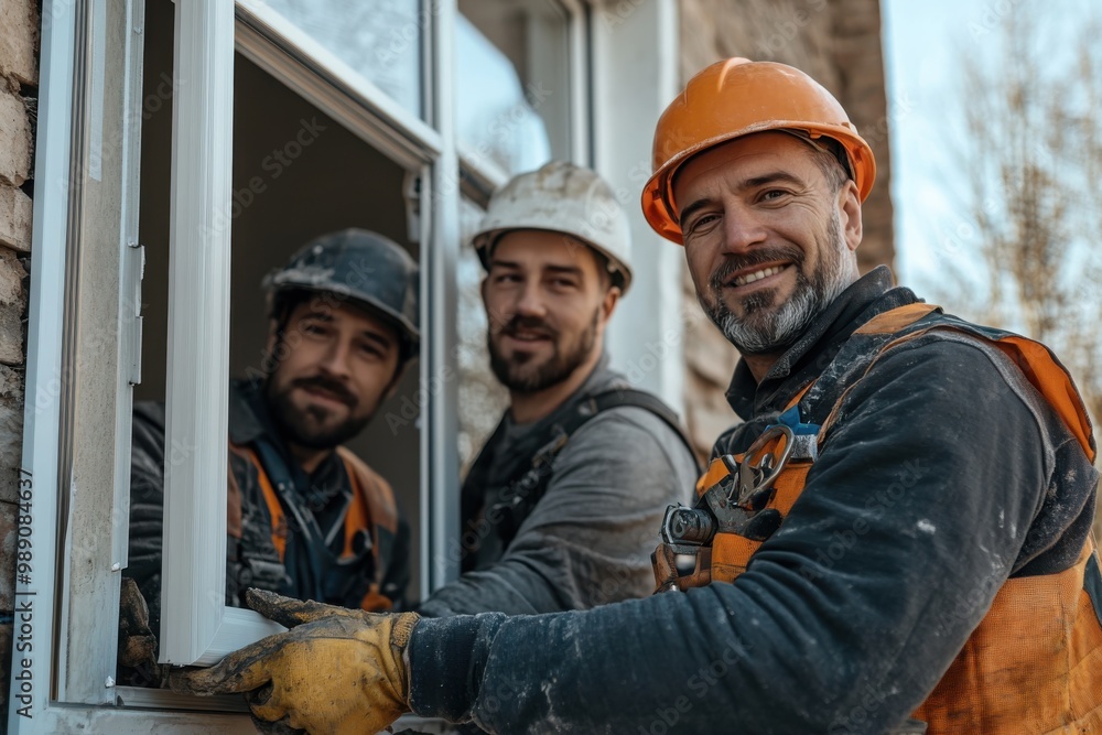 Three construction workers wearing hard hats are installing a window frame in a building. The workers seem to be in good spirits as they smile at the camera. Three construction workers wearing hard hats are installing a window frame in a building. The workers seem to be in good spirits as they smile at the camera.