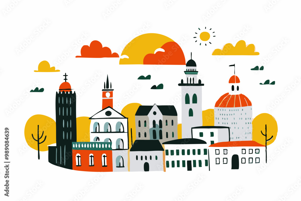Colorful Illustration of a Quaint European Town at Sunset Colorful Illustration of a Quaint European Town at Sunset