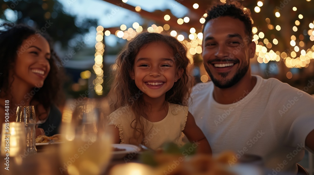 Familienessen: Fröhlicher Abend im Restaurant unter funkelnden Lichtern Familienessen: Fröhlicher Abend im Restaurant unter funkelnden Lichtern