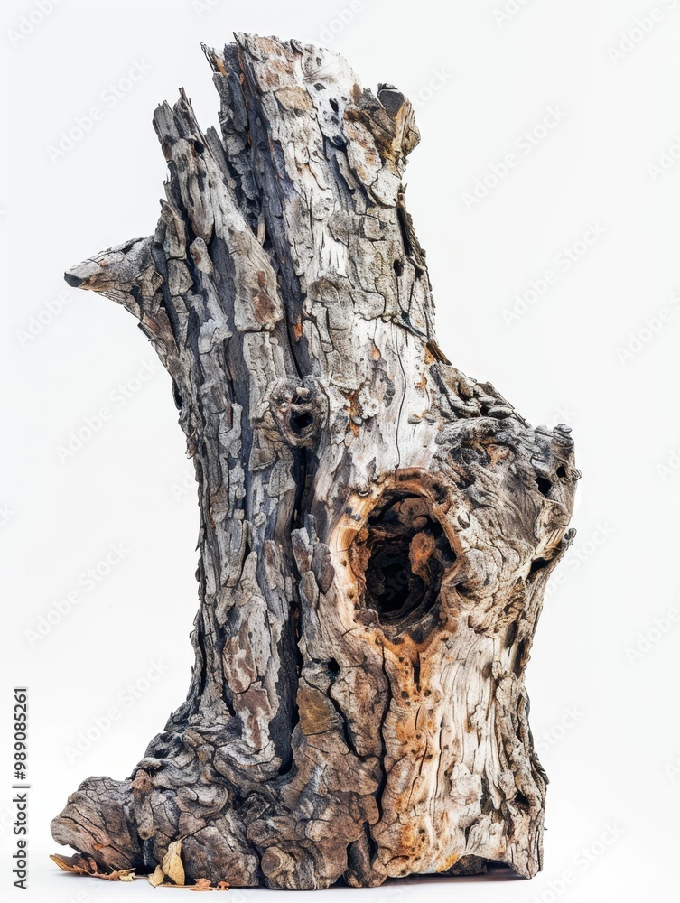 Fototapeta premium A large, old tree stump with a hollow center, surrounded by a rough bark texture, isolated on white background