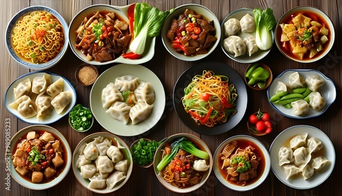 Vibrant Spread of Traditional Chinese Cuisine with Noodles, Dumplings, Stir-Fried Meats, and Fresh Vegetables on Rustic Wooden Table