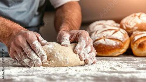 A man is kneading dough on a table with a few loaves of bread in the background