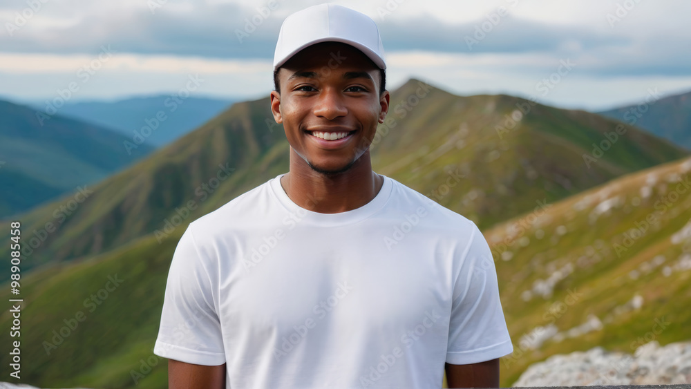 Young black man wearing white t-shirt and white baseball cap standing on a mountain Young black man wearing white t-shirt and white baseball cap standing on a mountain
