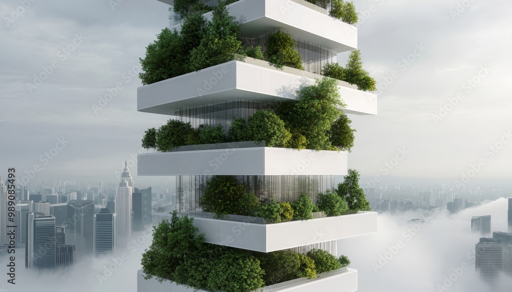 Obraz premium Eco-Friendly Urban Tower, Show a sleek, transparent building in an urban setting, with large trees growing within its structure, highlighting eco-friendly architectural practices.