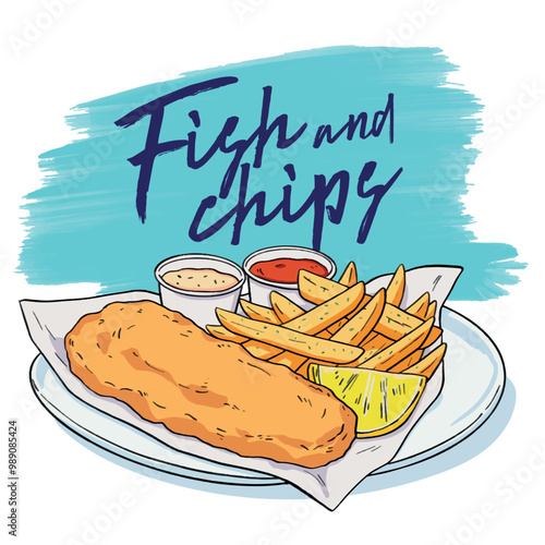 Isolated hand drawn crispy fish and chips food vector illustration 1