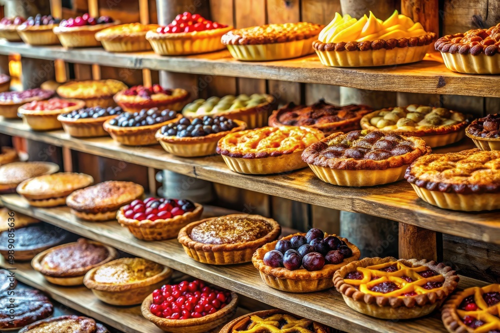 A colorful arrangement of 100 freshly baked pies in various flavors, carefully stacked and displayed on rustic wooden tables and shelves in a cozy bakery setting. A colorful arrangement of 100 freshly baked pies in various flavors, carefully stacked and displayed on rustic wooden tables and shelves in a cozy bakery setting.