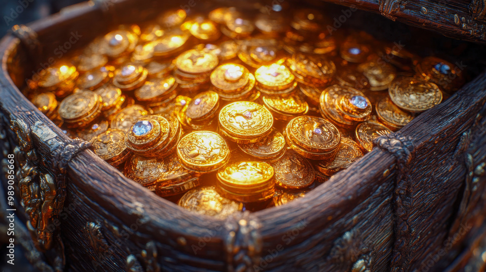 A treasure chest filled with gleaming gold coins, radiating wealth and opulence A treasure chest filled with gleaming gold coins, radiating wealth and opulence