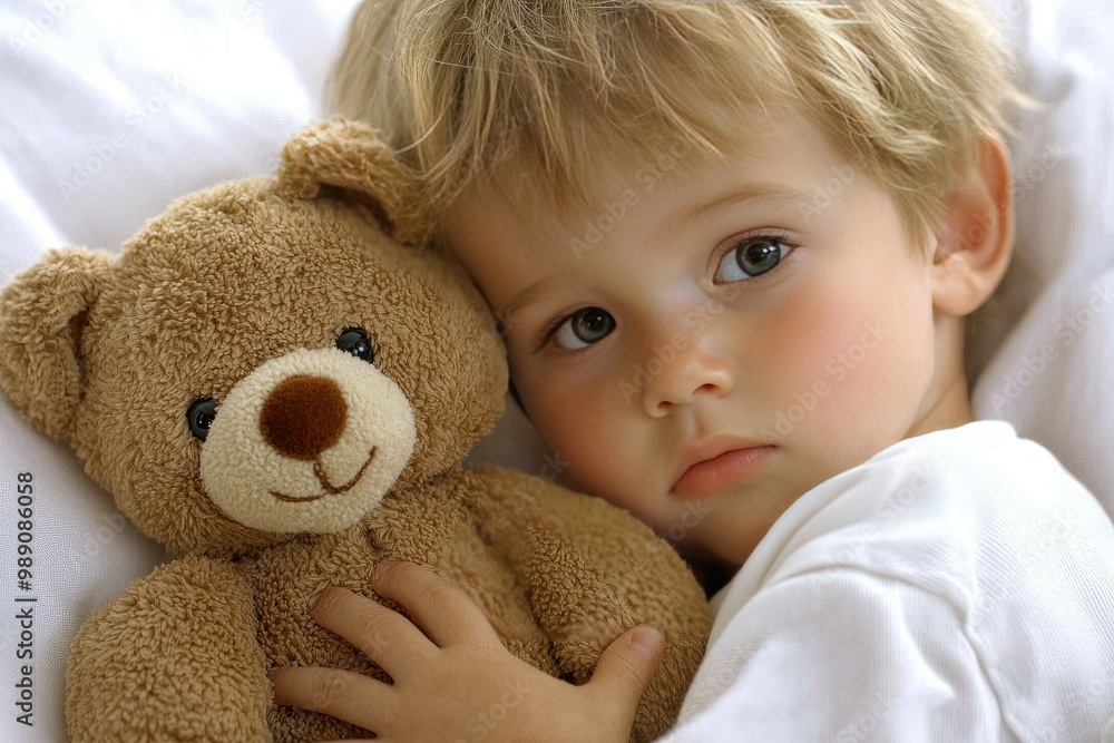 A tender moment of a child snuggling with a teddy bear in a cozy setting, conveying warmth and innocence. A tender moment of a child snuggling with a teddy bear in a cozy setting, conveying warmth and innocence.
