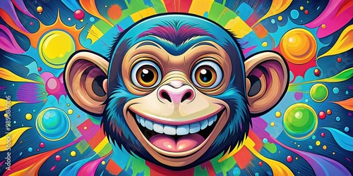 A colorful, cartoon monkey's face with a bright, cheerful smile and big eyes, surrounded by abstract shapes and lines, forming a fun, modern logo design.