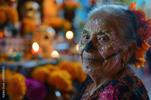 Elderly Woman with Intricate Sugar Skull Makeup for Dia de los Muertos Celebration