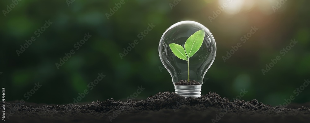 Green Innovation, A plant growing inside a light bulb, resting in the soil, symbolizing eco-innovation and renewable energy solutions. Green Innovation, A plant growing inside a light bulb, resting in the soil, symbolizing eco-innovation and renewable energy solutions.