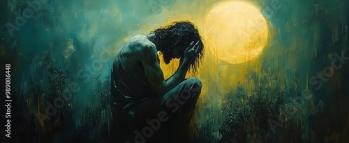 impressioniststyle oil painting of jesus in gethsemane muted earthy tones and ethereal brushstrokes conveying spiritual anguish moonlit olive grove backdrop photo