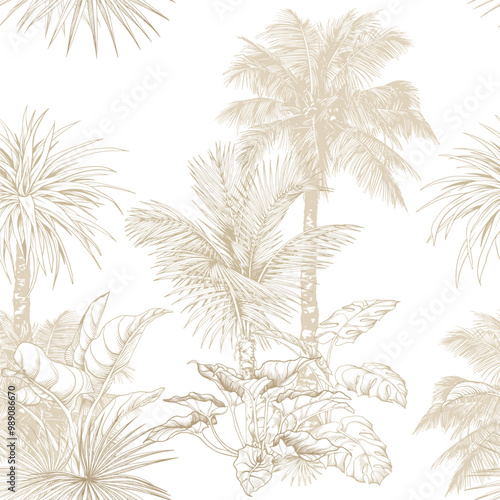 Seamless pattern with tropical trees on white background. Hand drawn linear botanical illustration.