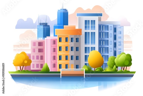 Flat illustration style, vector graphic logo design of city buildings and waterways in the background photo